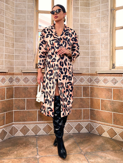 Leopard Print Lapel Neck Three Quarter Sleeve Overcoat