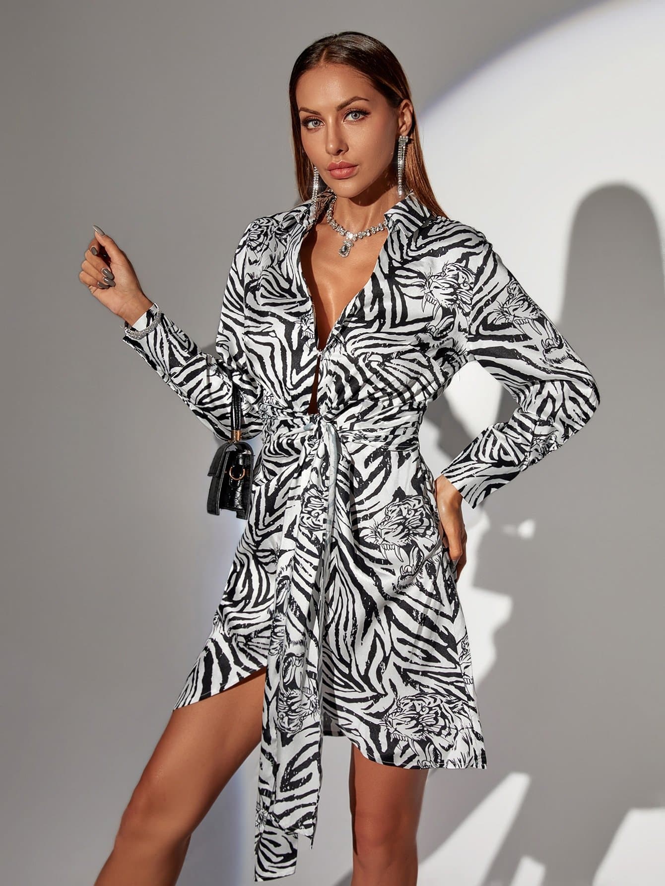 Black White Tiger Zebra Striped Print Tie Front Shirt Dress