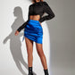 Blue Ruched Drawstring Side Asymmetrical Hem Satin High Waist Mini Skirt