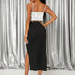 Black Rhinestone Button Split Thigh High Waist Skirt