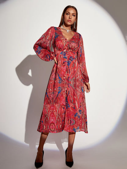 V-Neck Graphic Print Bishop Sleeve Plisse Dress