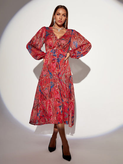 V-Neck Graphic Print Bishop Sleeve Plisse Dress