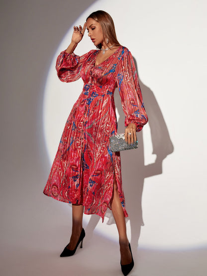 V-Neck Graphic Print Bishop Sleeve Plisse Dress