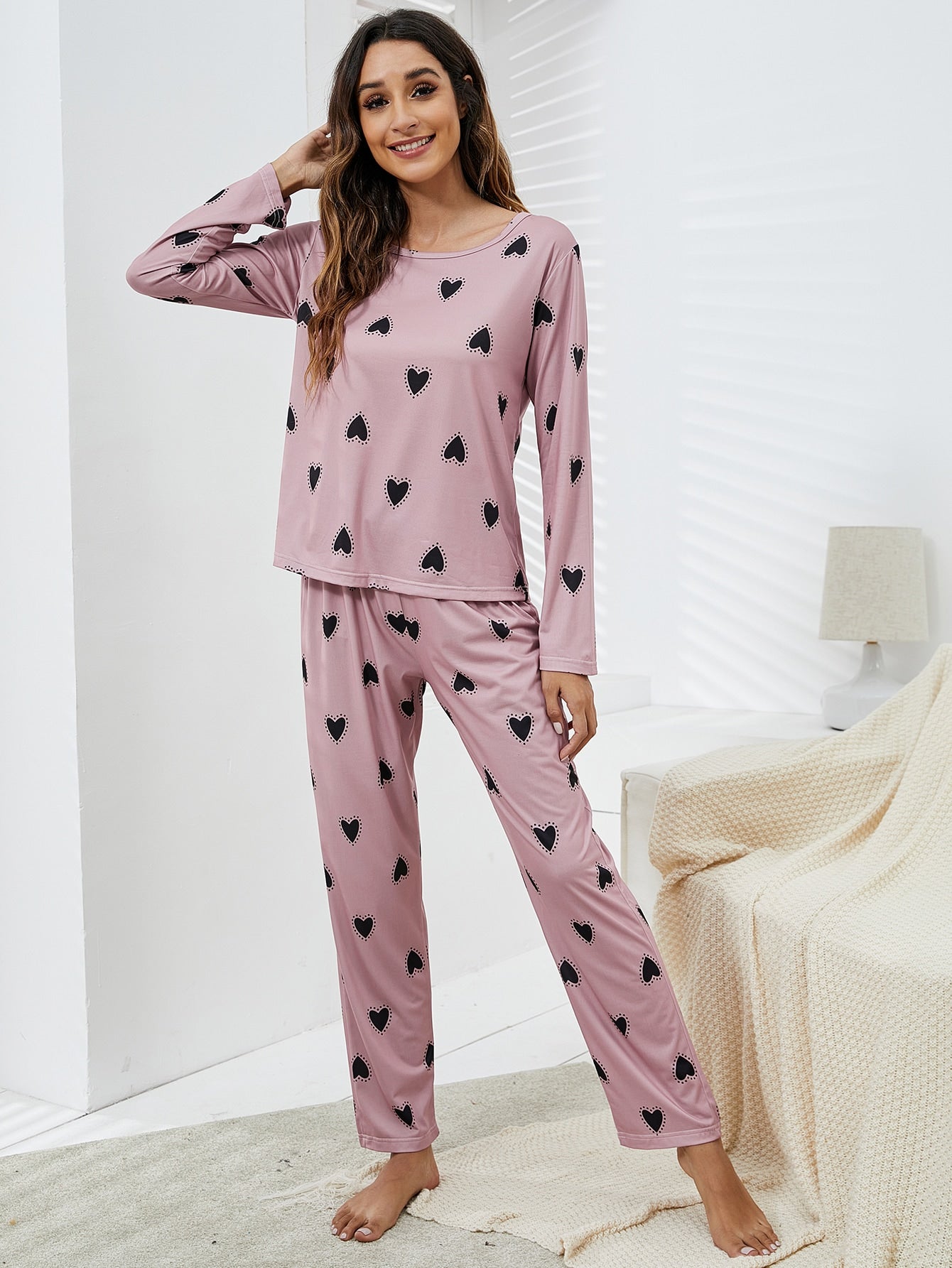 Dusty Pink Heart Print Pyjama Sleepwear Set With Blindfold