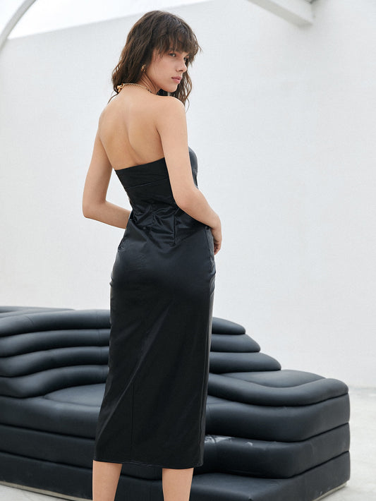 Black Strapless Sleeveless Drawstring Split Thigh PU Leather Tube Dress