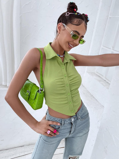 Lime Green Sleeveless Button Up Backless Crop Halter Top