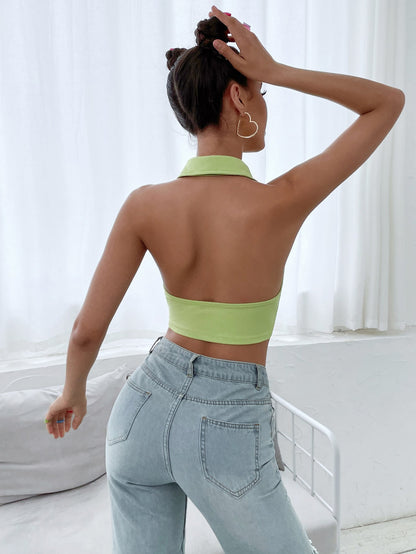 Lime Green Sleeveless Button Up Backless Crop Halter Top