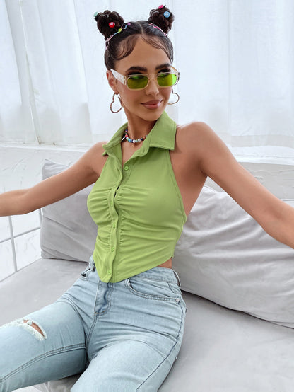 Lime Green Sleeveless Button Up Backless Crop Halter Top