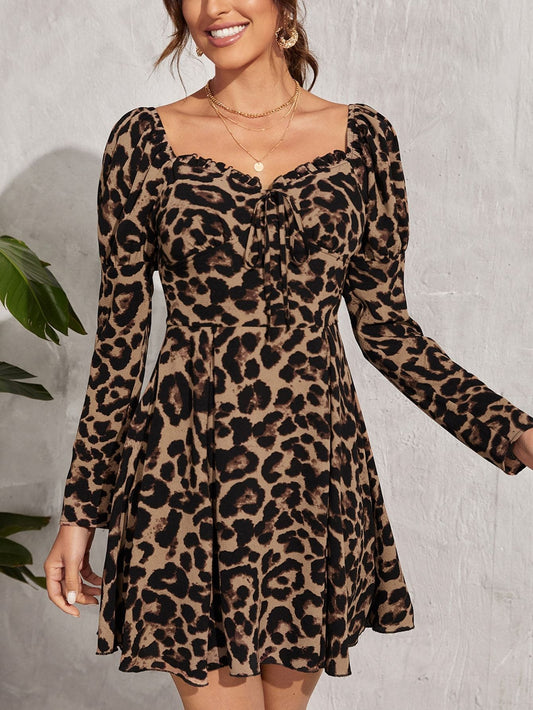 Leopard Ruched Frill Trim Tie Front Sweetheart Neck Dress