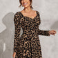 Leopard Ruched Frill Trim Tie Front Sweetheart Neck Dress