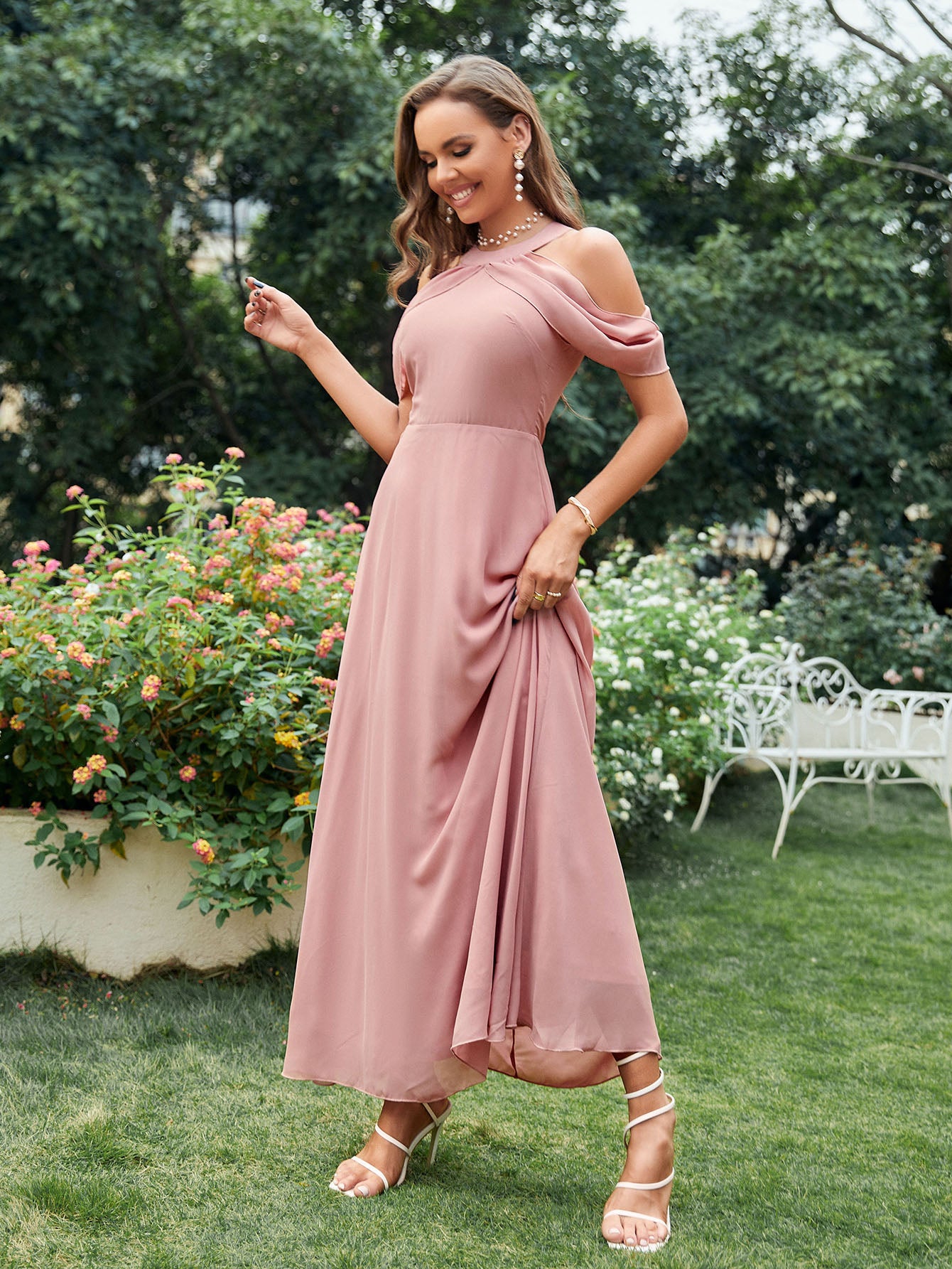 Pink cold shop shoulder bridesmaid dress