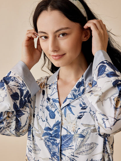 Floral and Plants Print Lapel Neck Contrast Binding Pyjama Sleepwear Set