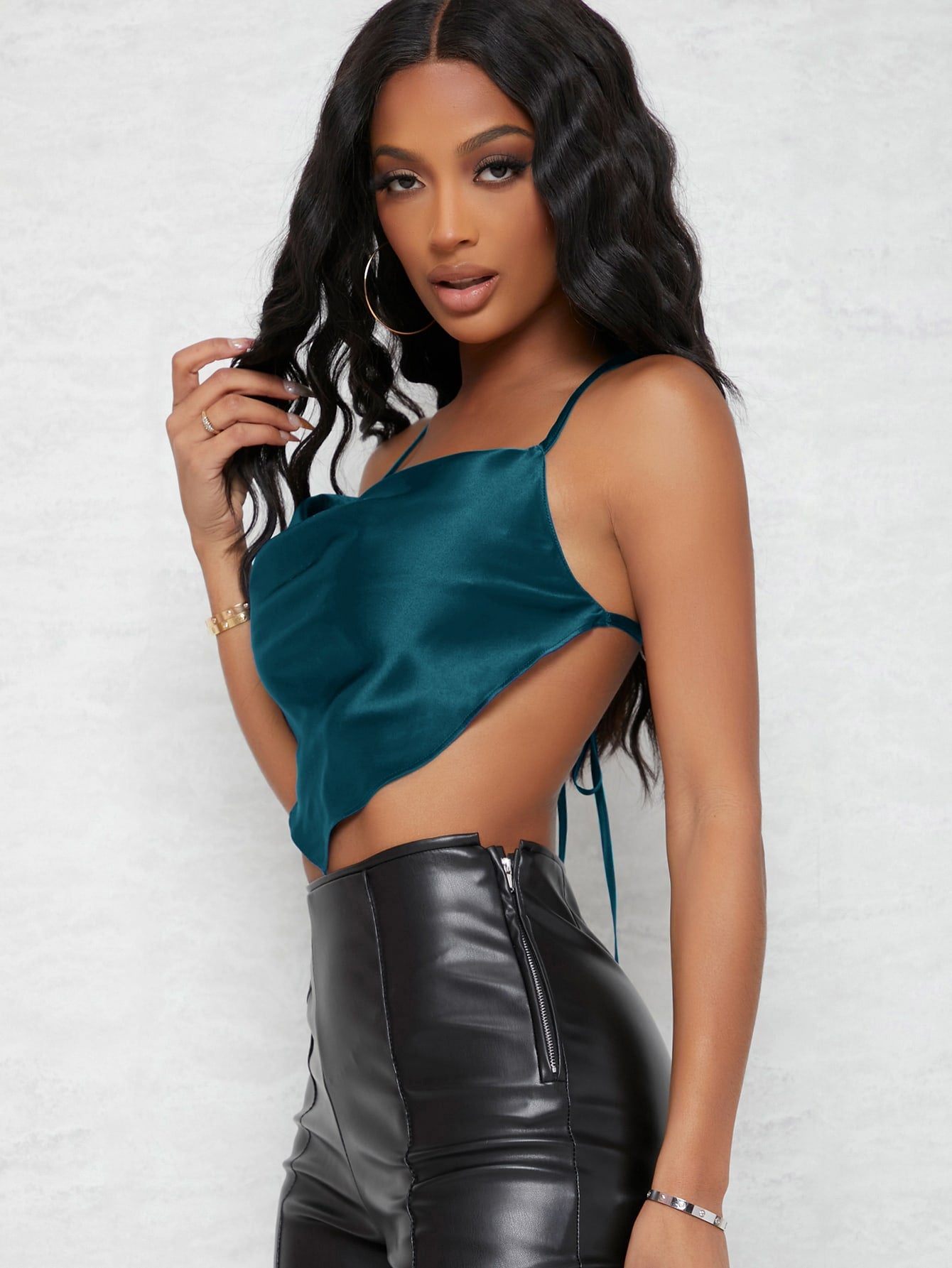 Backless satin crop sales top