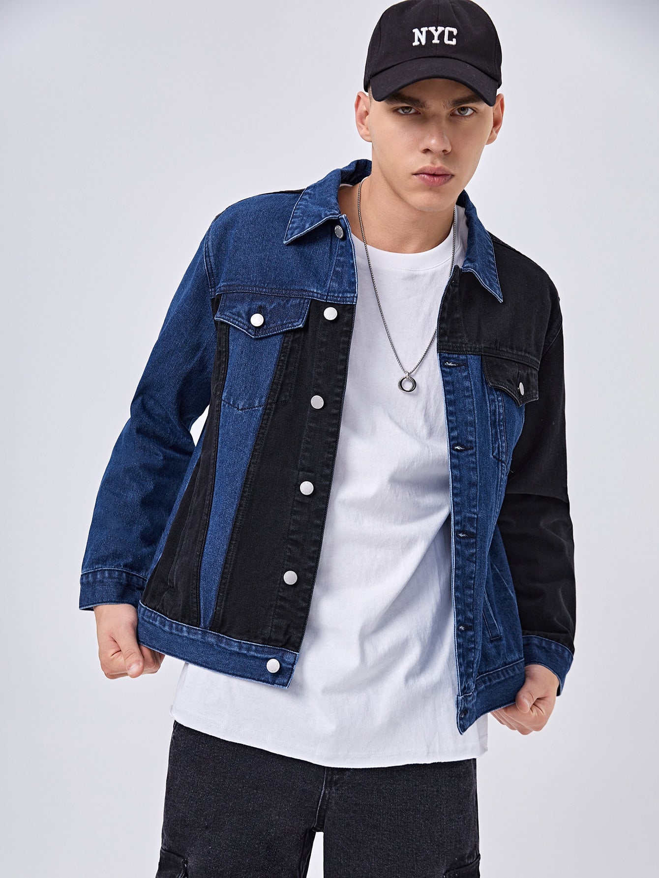 Deconstructed Contrast Denim Collared Button Down Hybrid Bomber Jacket –  Luxedress