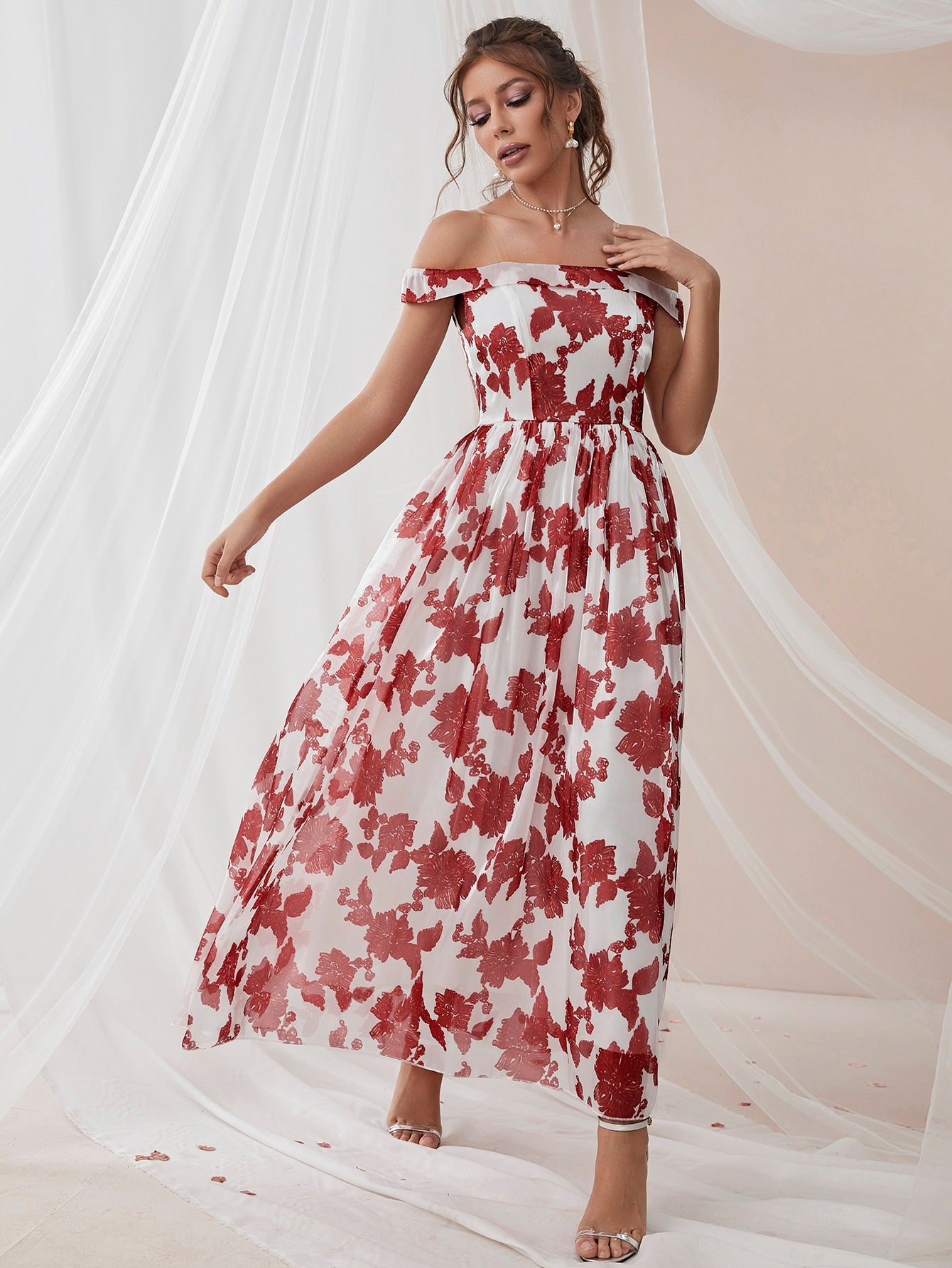 White off the shoulder deals dress with red flowers