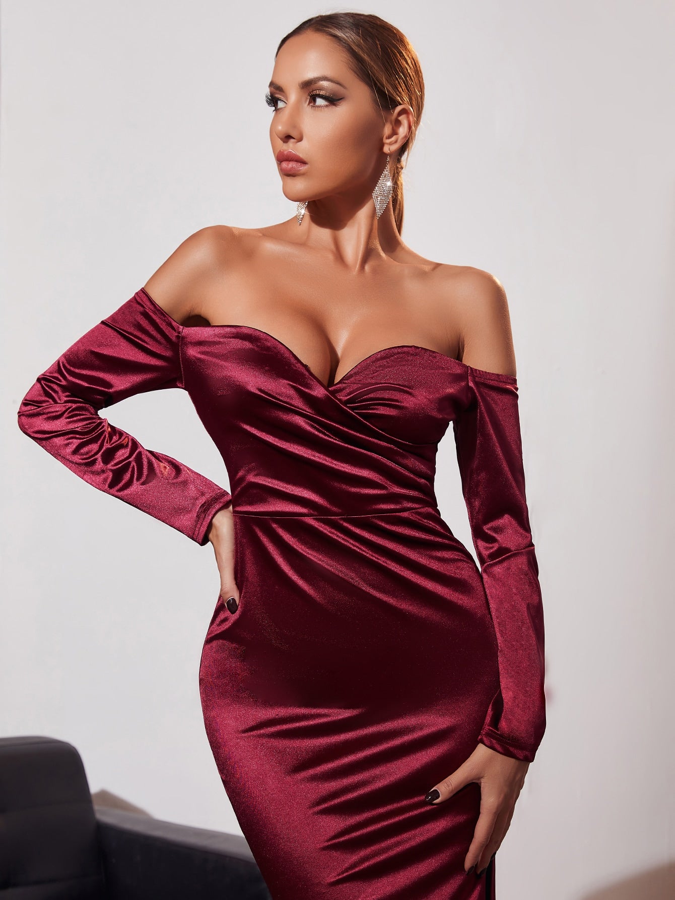 Off shoulder ruched discount thigh slit dress