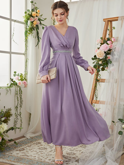 Mauve Purple Surplice Neck Puff Sleeve Bridesmaid Dress Wear.Style Mauve Purple Surplice Neck Puff Sleeve Bridesmaid Dress Wear.Style