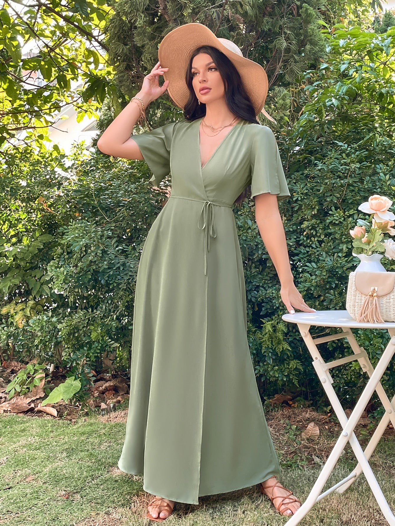 Buy GREEN SURPLICE-NECK THIGH-SLIT MAXI DRESS for Women Online in India