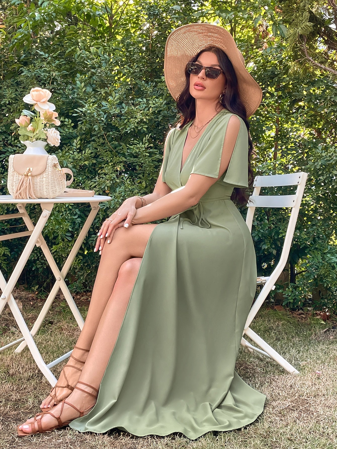 Olive Green V-Neck Split Butterfly Sleeve Wrap Tie Side Maxi Dress Wear.Style Olive Green V-Neck Split Butterfly Sleeve Wrap Tie Side Maxi Dress Wear.Style