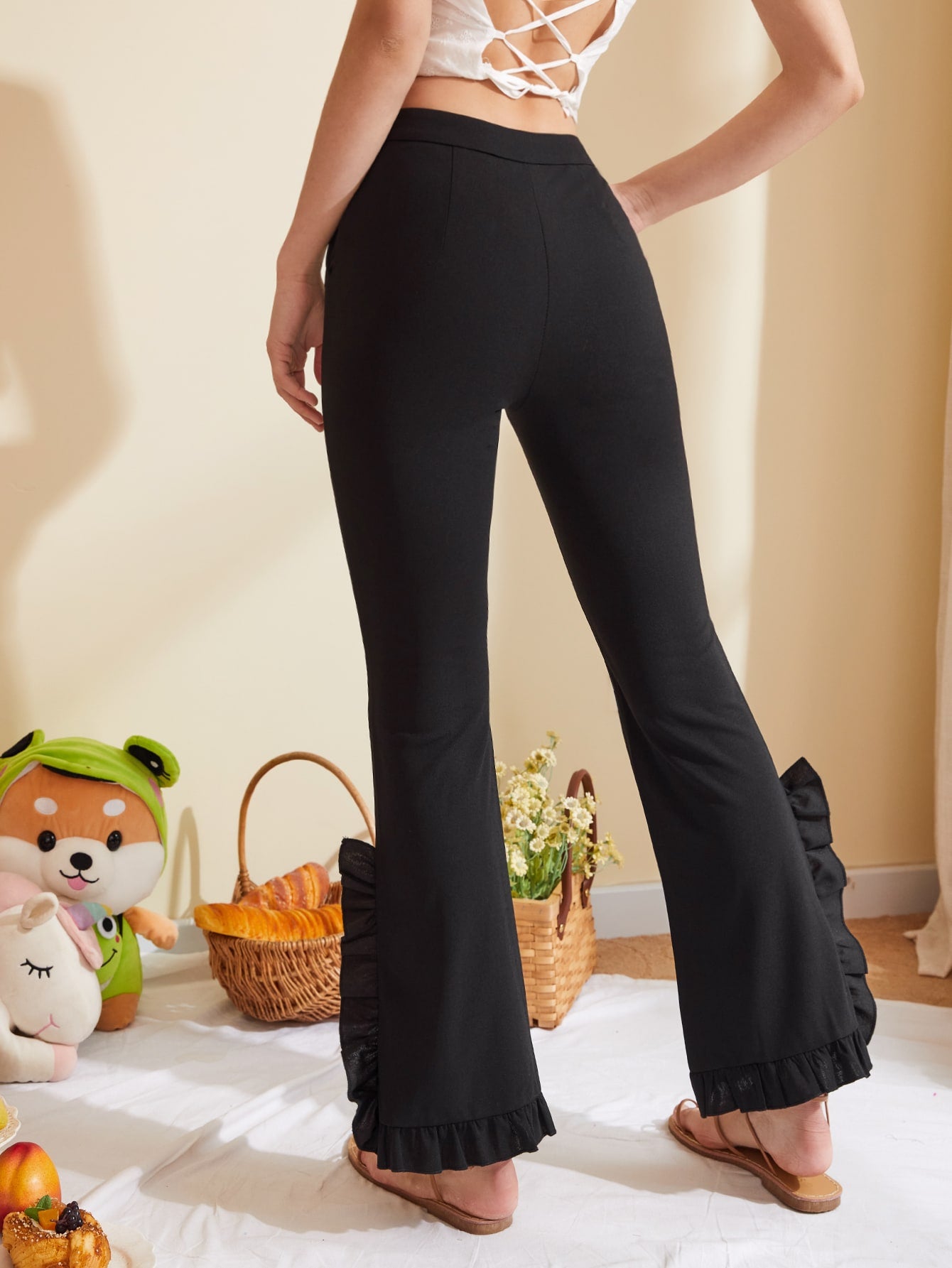 Ladies Bell Bottom Flared Frill Hem Trousers Womens High Waist Black Pants  8-14 | eBay