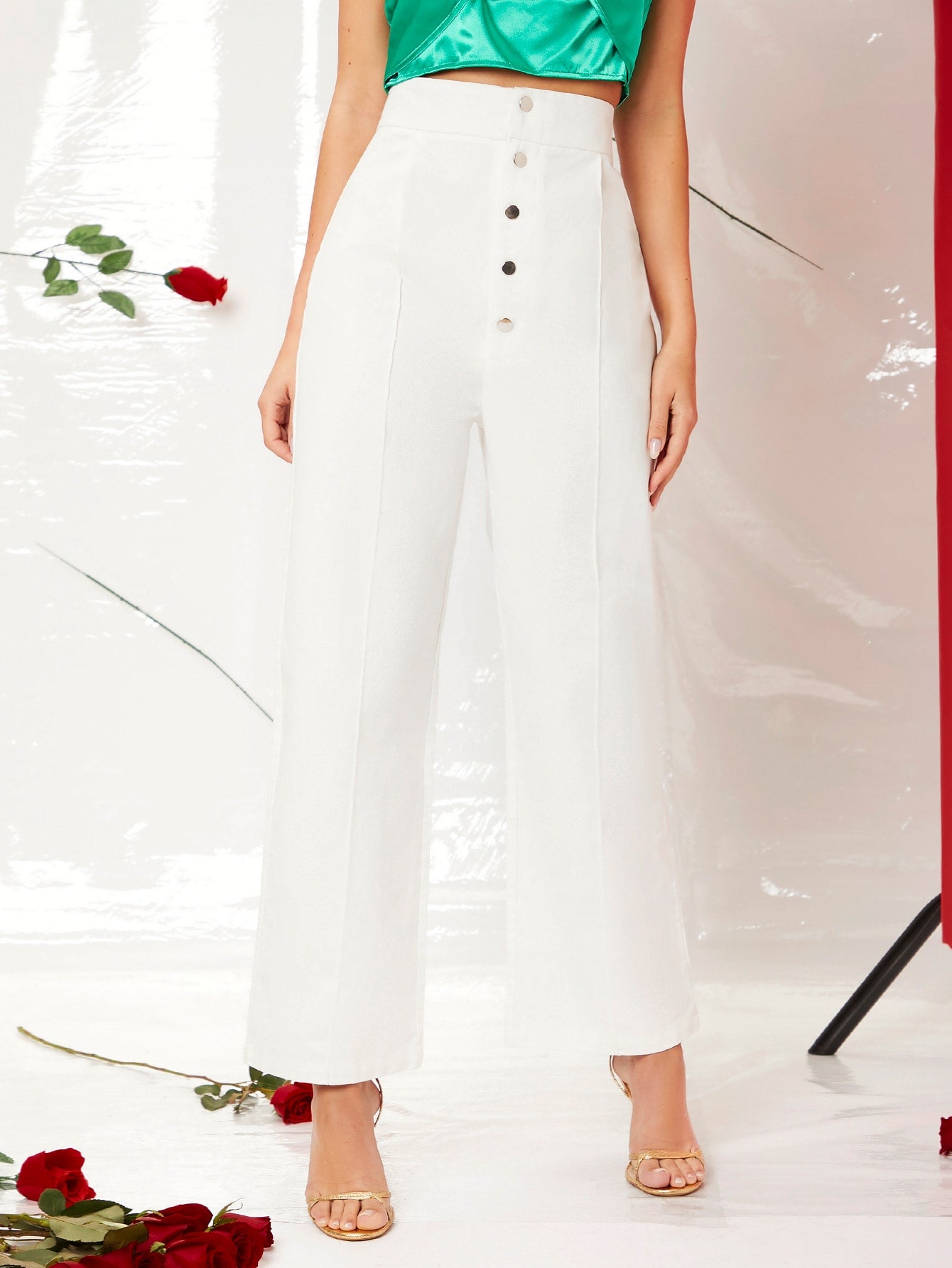 White Button Fly Seam Front High Waist Pants