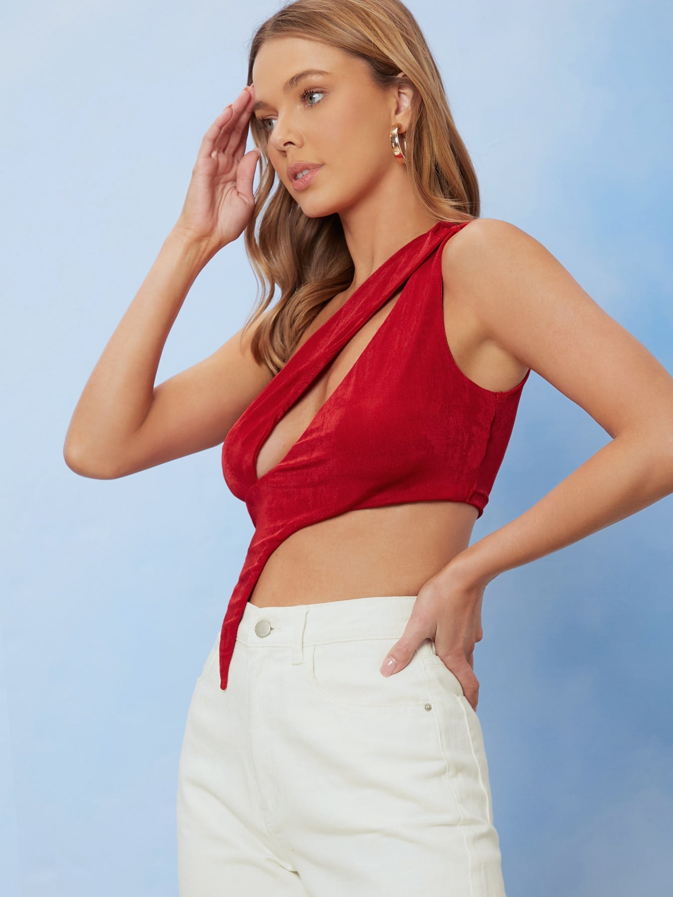 Bright Red Sleeveless Strapless Solid Slim Crop Tube Top –