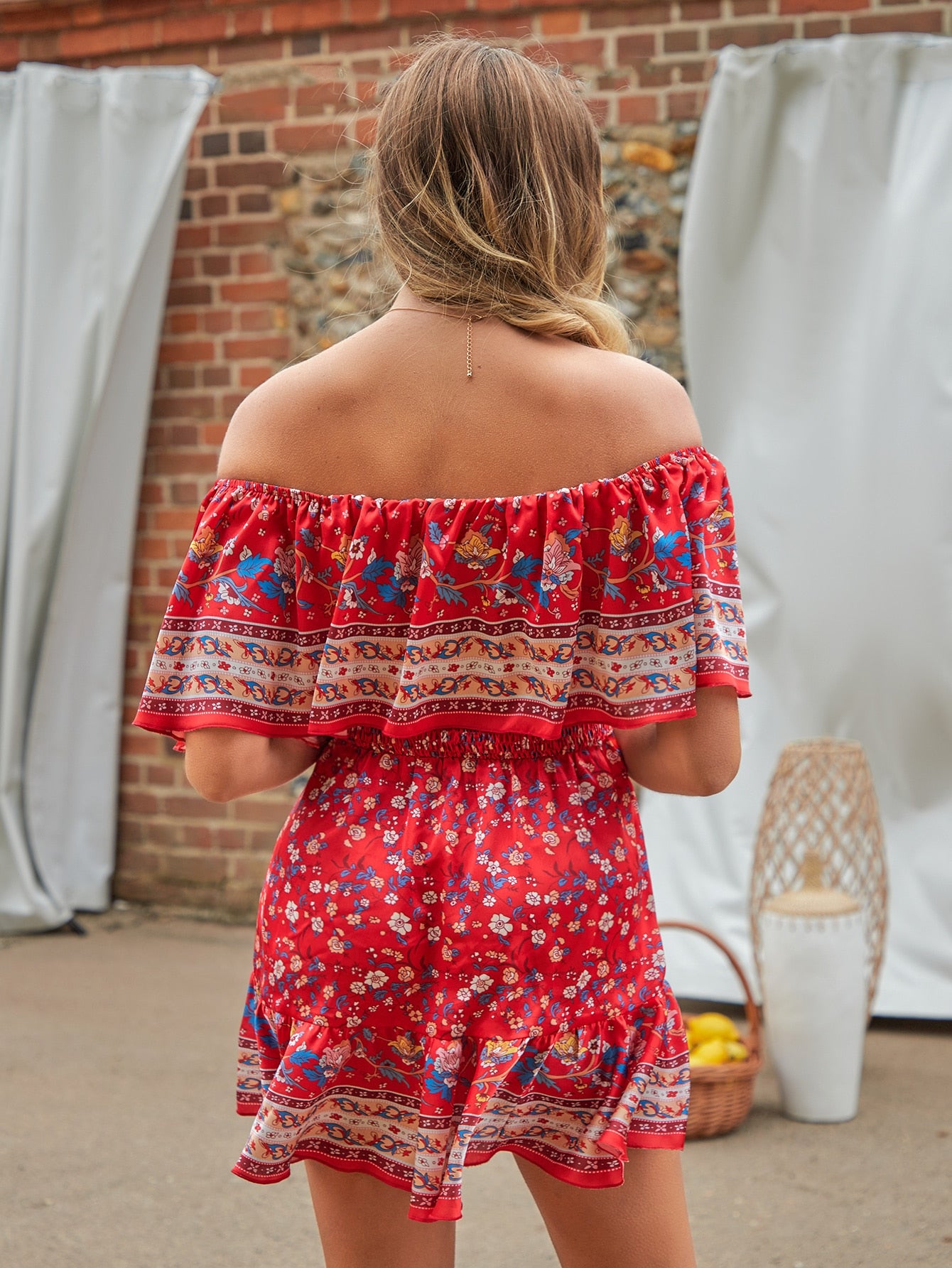 Off the shoulder red floral outlet dress