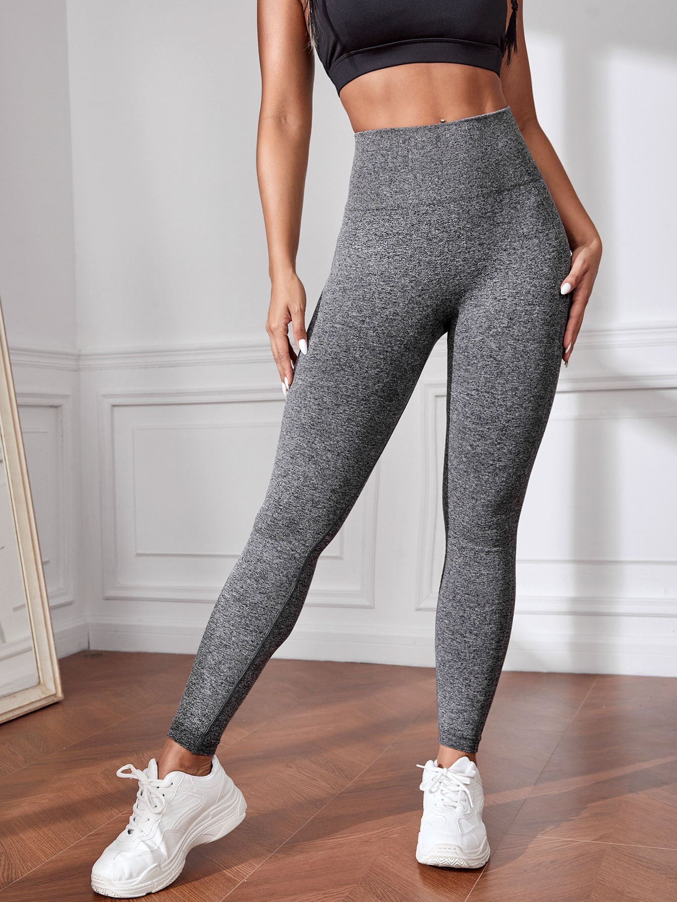 Yoga Basic Workout Leggings Marled Knit Seamless Tummy Control Athletic  Tights With Wide Waistband