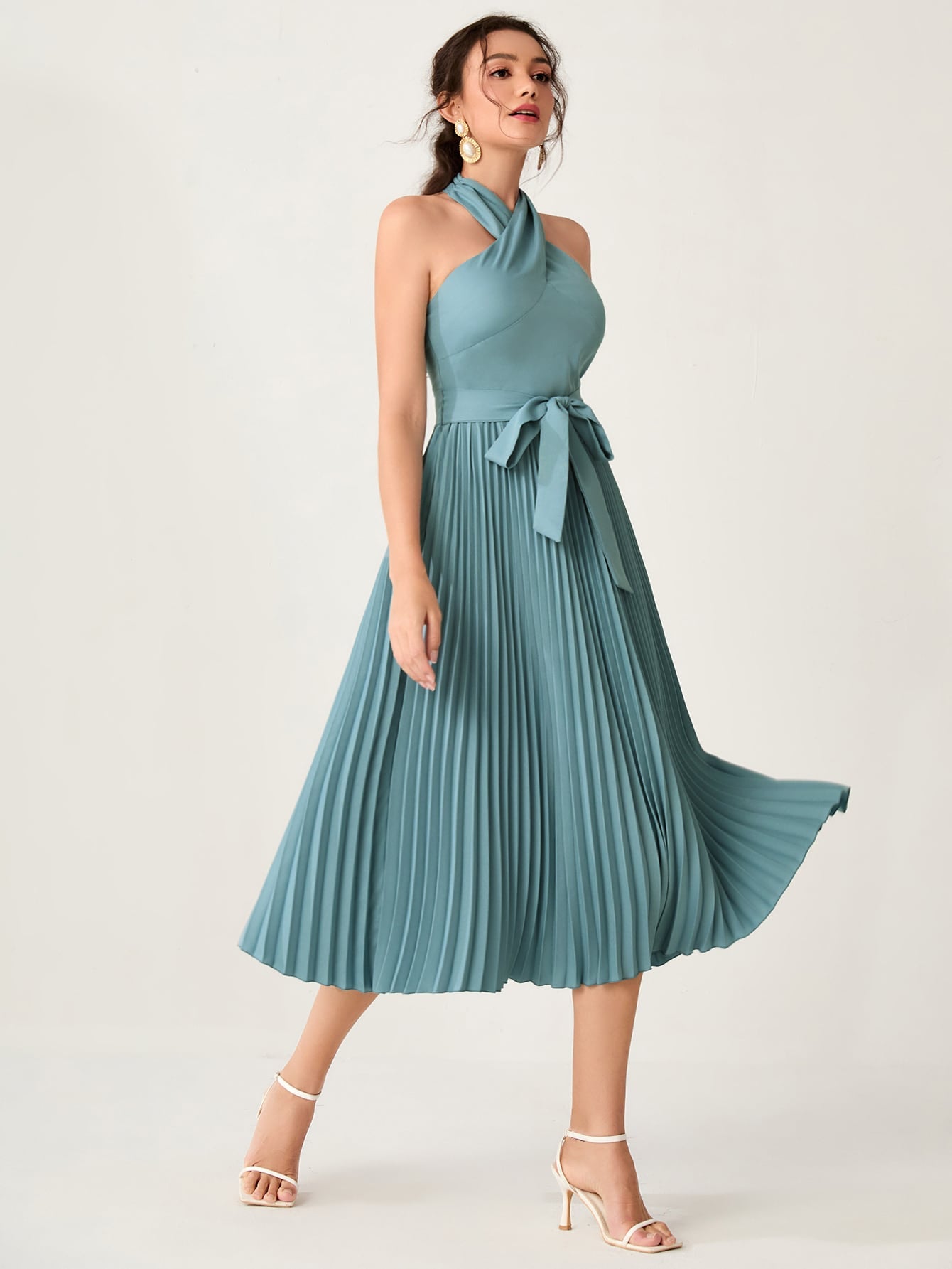 Cadet Blue Backless Pleated Belted High Waist Halter Dress Wear.Style Cadet Blue Backless Pleated Belted High Waist Halter Dress Wear.Style