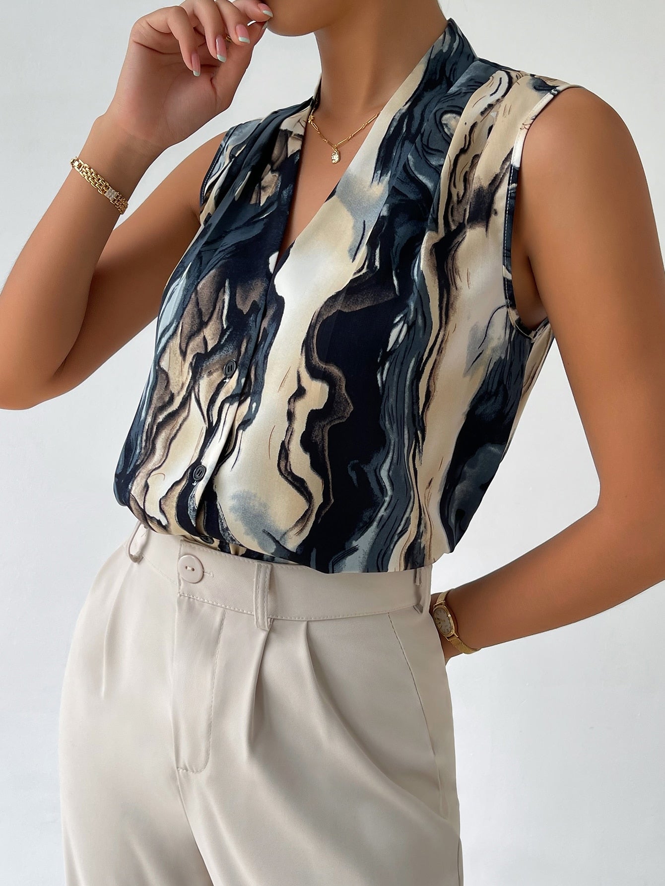 Lopecy-Sta Fashion Woman V-Neck Sleeveless Blouse T-Shirt Printing