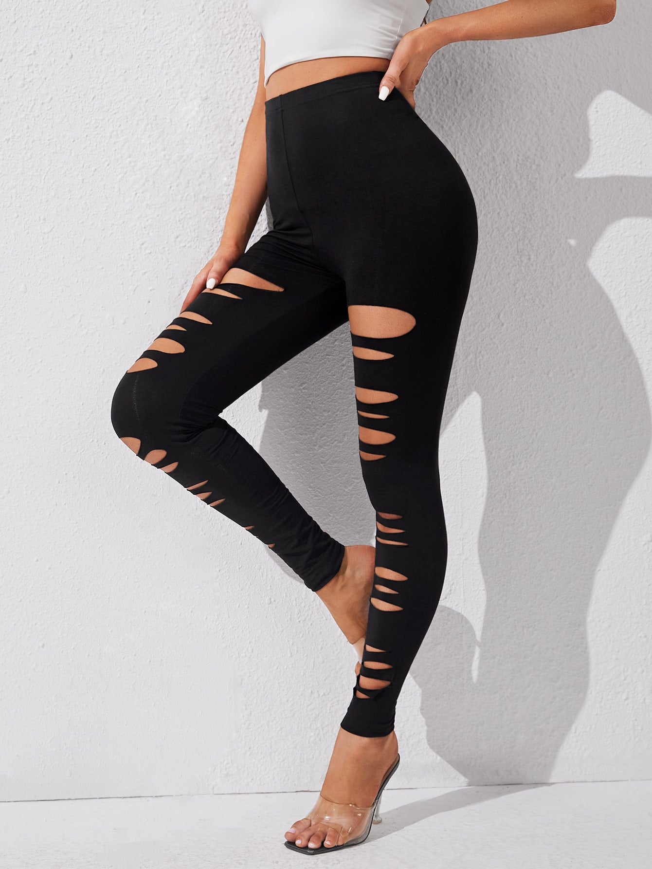 Retro Front Cut Out High Slit Lace-up Ninth Black Chic Girl's Skinny Legging  | Fashion Leggings | Clothing & Apparel- ByGoods.Com