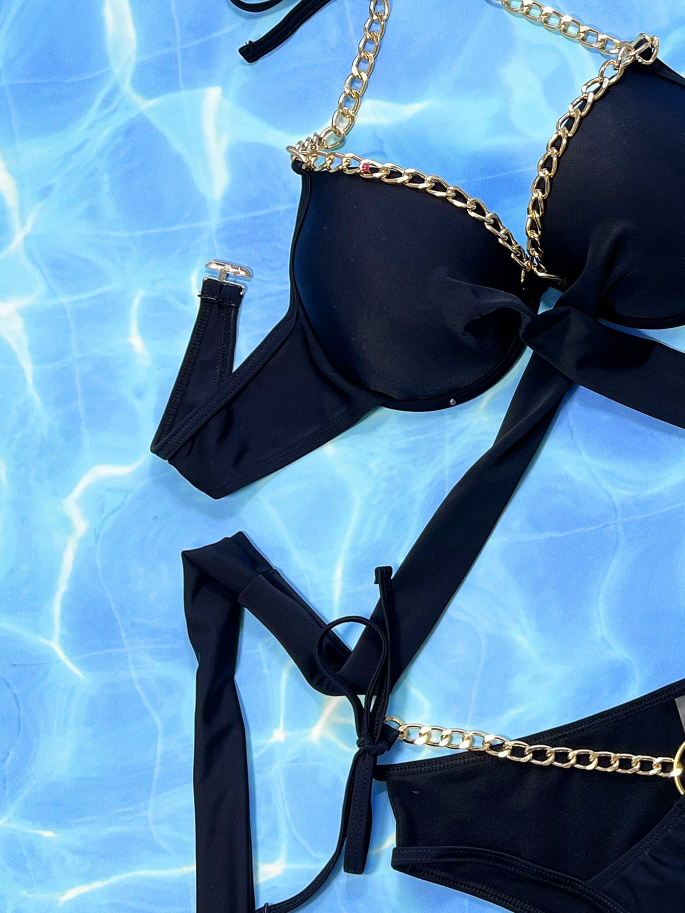Black Chain Linked Halter Push Up Bikini Swimsuit –