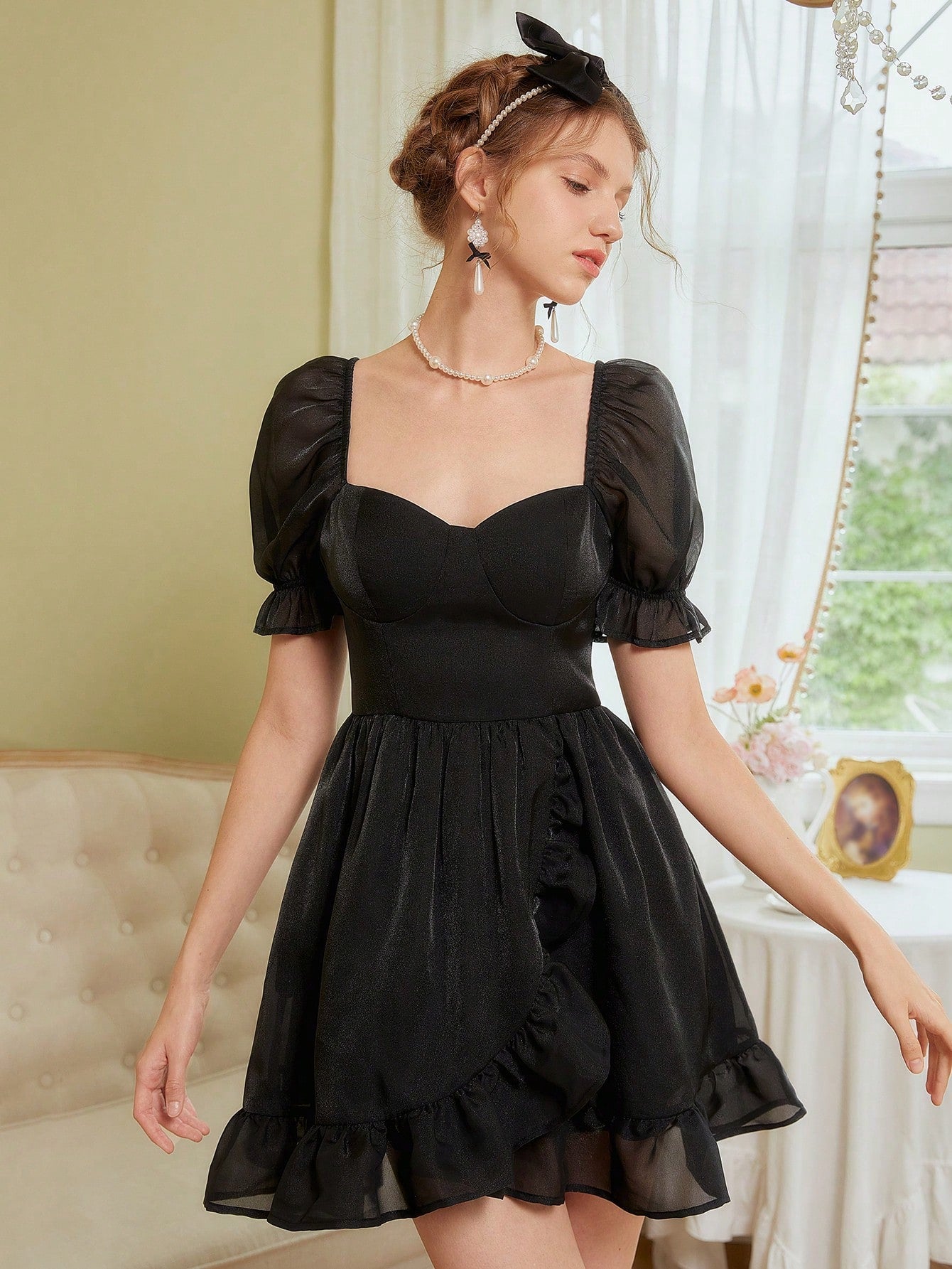 Black puff shoulder outlet dress