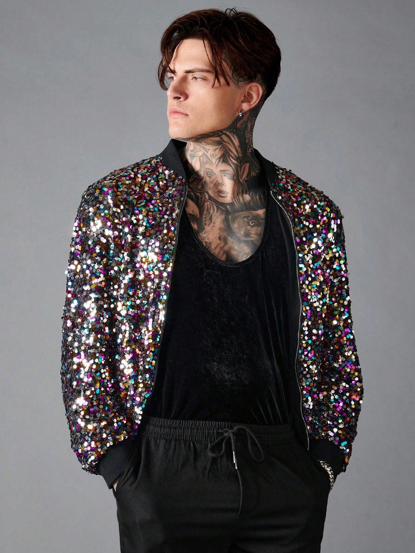 Mens black sequin bomber on sale jacket