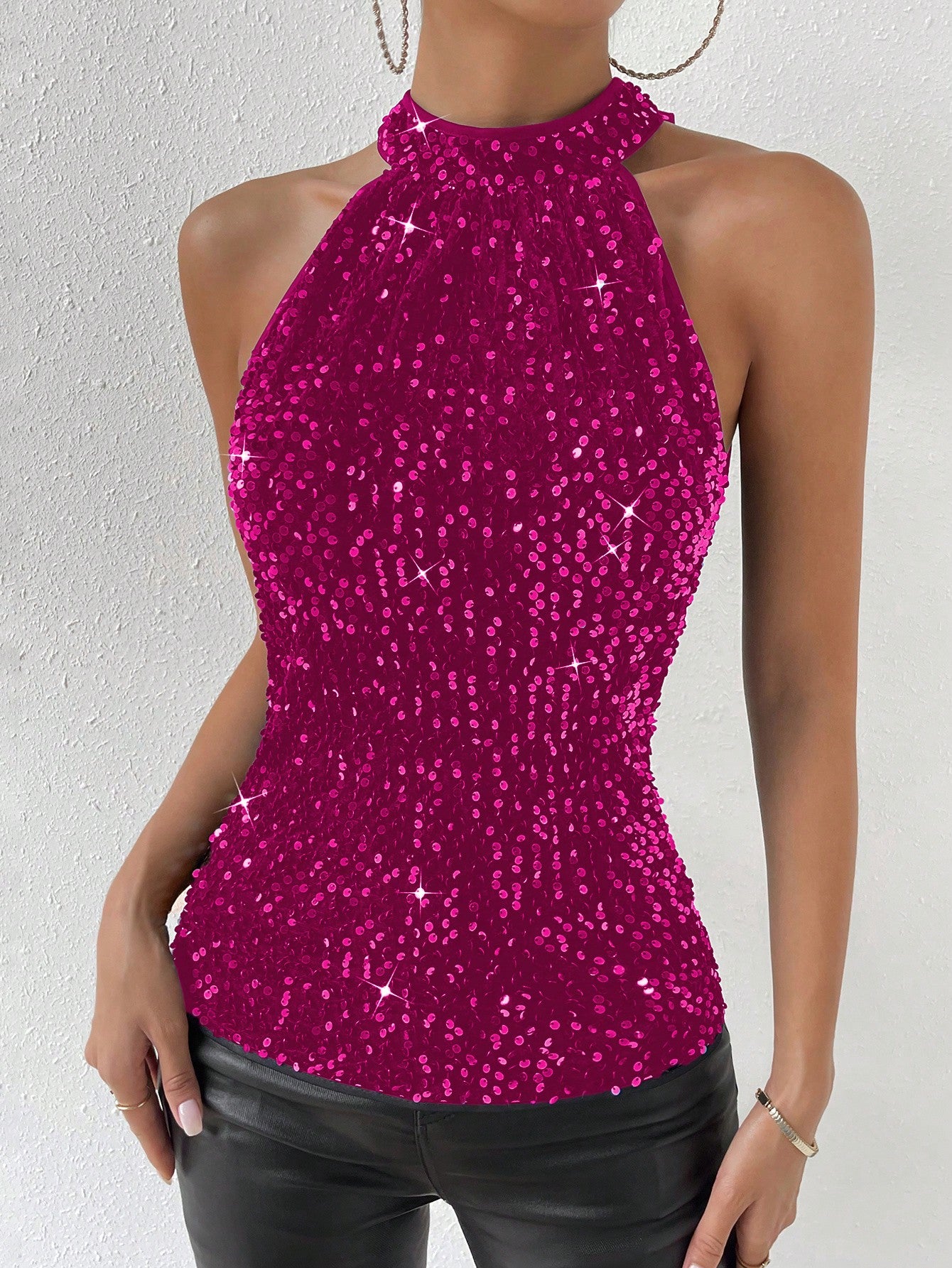 Sequined Halter Top with Open Back