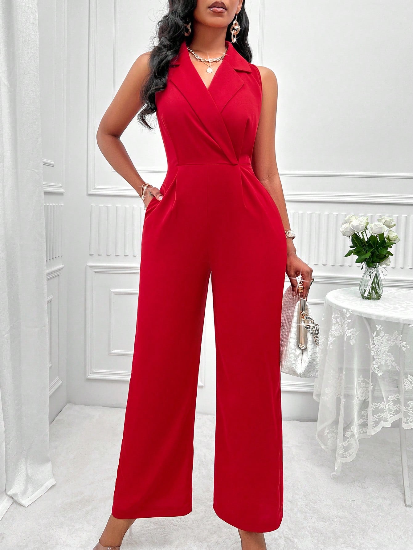 Sleeveless Lapel Neck Slant Pocket Wide Leg High Waist Jumpsuit