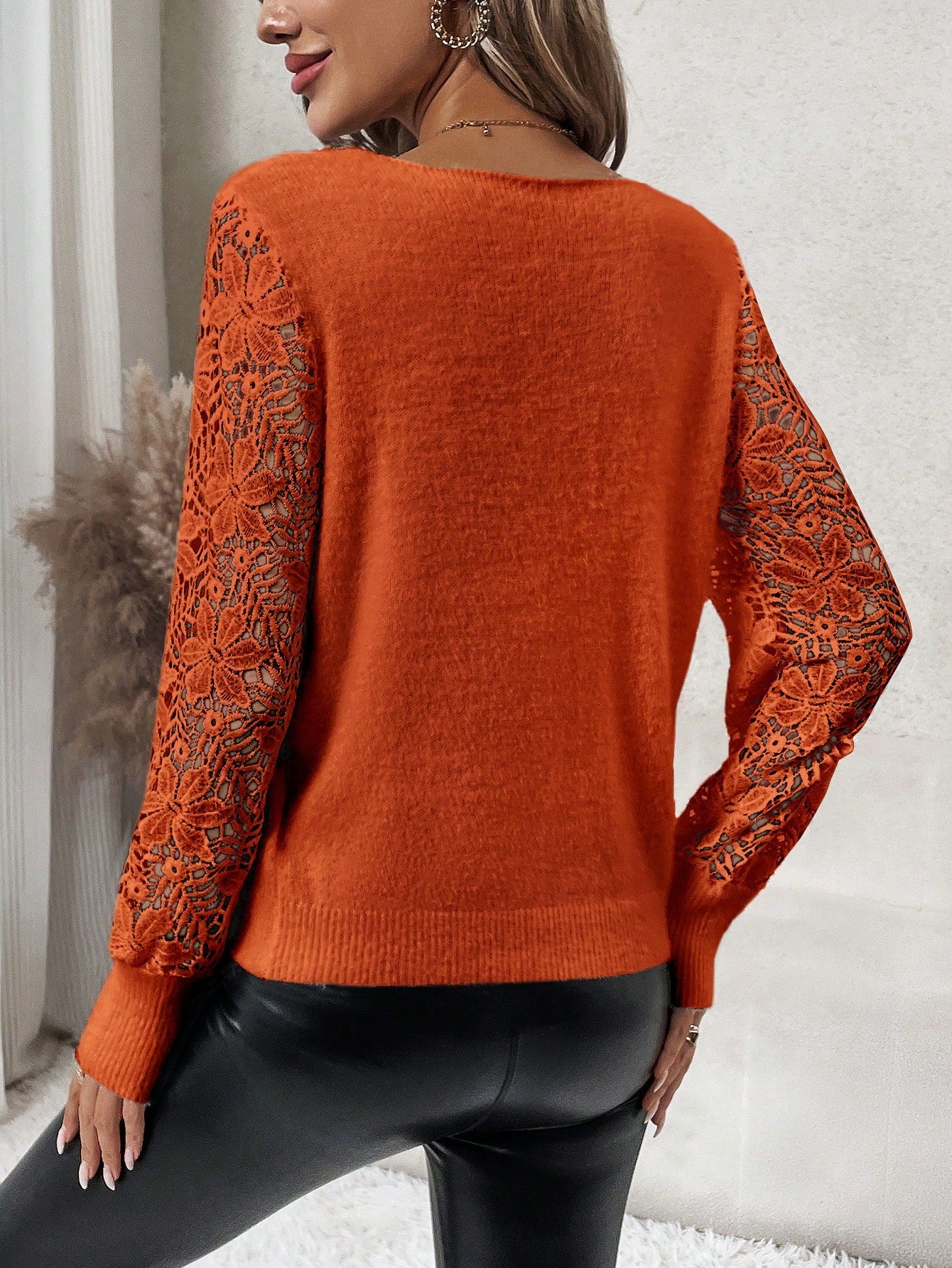 V Neck Contrast Lace Lantern Sleeve Loose Sweater Top For Women