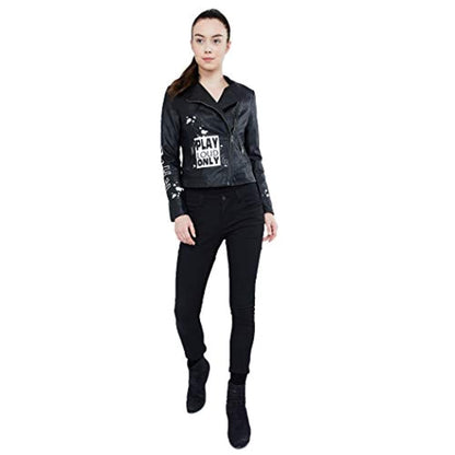 Black PU Leather Full Sleeve Print Jacket