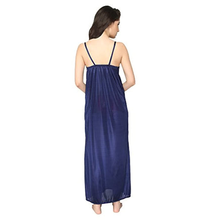 Navy Blue Sleeveless Satin 2 Piece Robe Nightdress Sleepwear