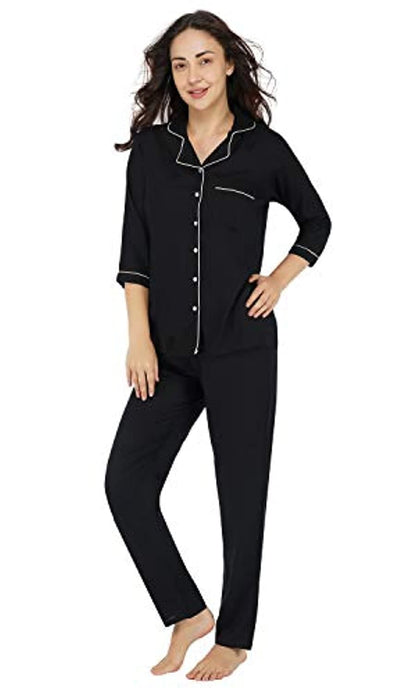 Three Fourth Sleeve Contrast Piping Comfortable Sleepwear Set