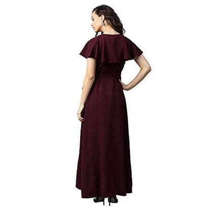 Wine Front Ruffle Wrap 100% Polyester Maxi Dress