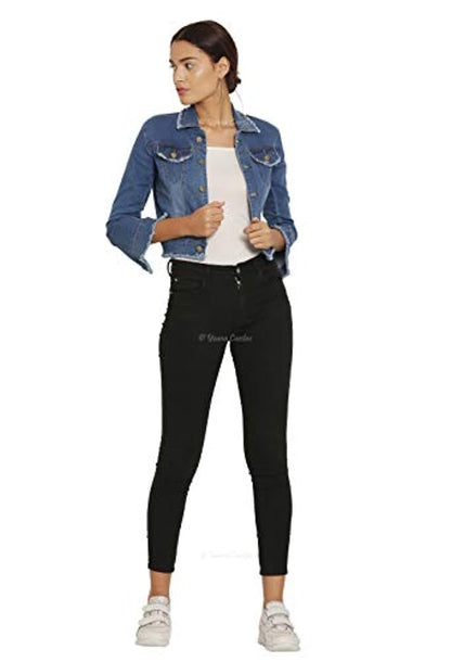 Full Sleeve Front Flap Pockets Slim Fit Cropped Denim Jacket