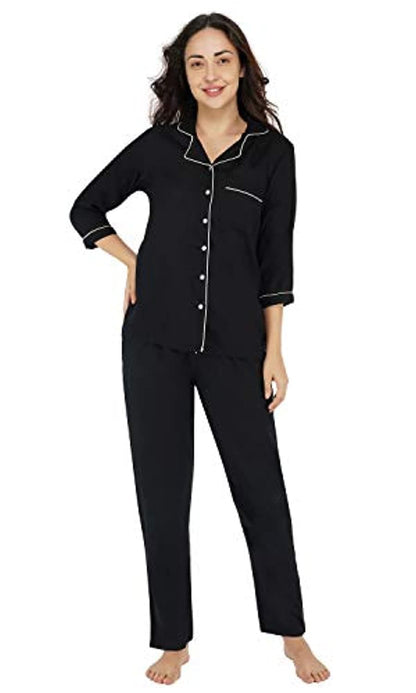 Three Fourth Sleeve Contrast Piping Comfortable Sleepwear Set