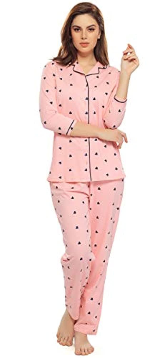 Three Fourth Sleeve Notched Collar Pink Heart Print Night Suit Sleepwear
