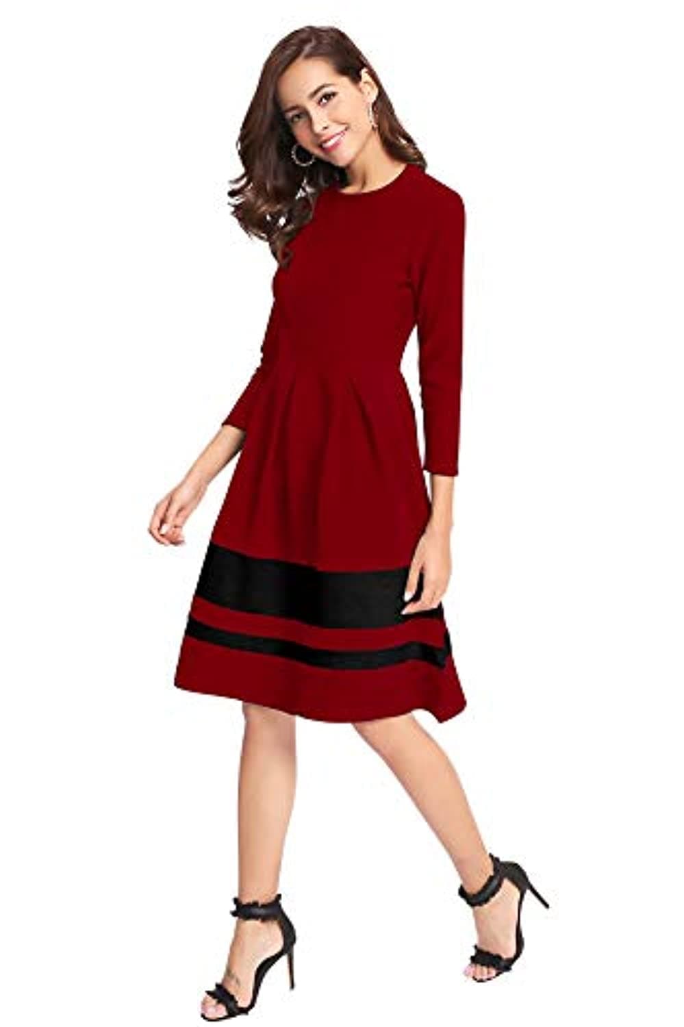 Round Neck Three Quarter Sleeve Knee Length Dress.