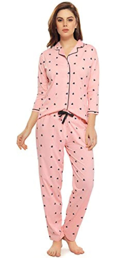 Three Fourth Sleeve Notched Collar Pink Heart Print Night Suit Sleepwear