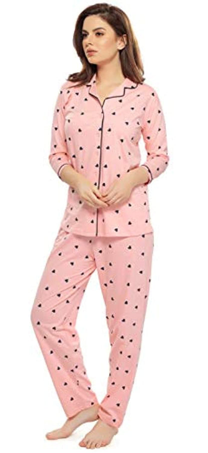 Three Fourth Sleeve Notched Collar Pink Heart Print Night Suit Sleepwear