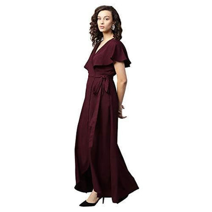 Wine Front Ruffle Wrap 100% Polyester Maxi Dress