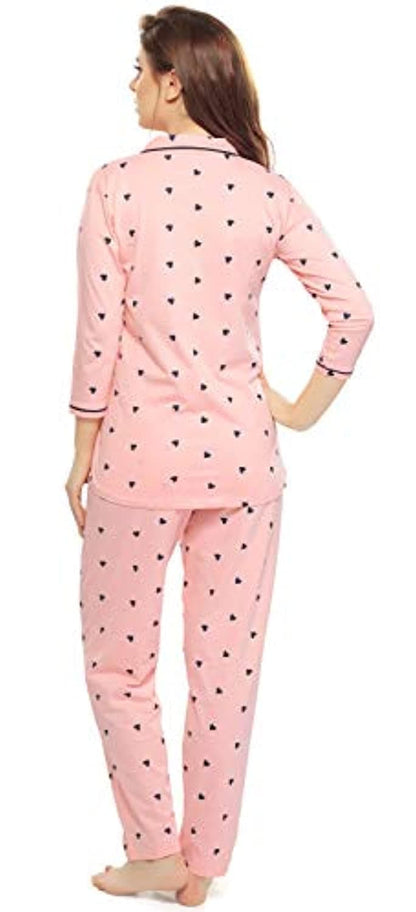 Three Fourth Sleeve Notched Collar Pink Heart Print Night Suit Sleepwear