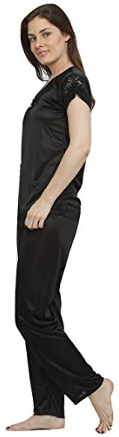 Black Satin Lace V-Neck Half Sleeve Sleepwear Set